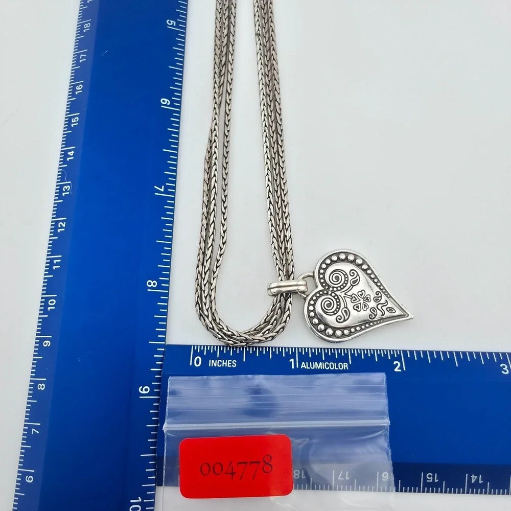 BRIGHTON 'Ophelia' Necklace Scrollwork Heart Pendent 3 Strand Silver Plate 17